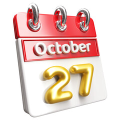 27th October Calendar Icon 3D Render , Calendar Icon 3D Illustration