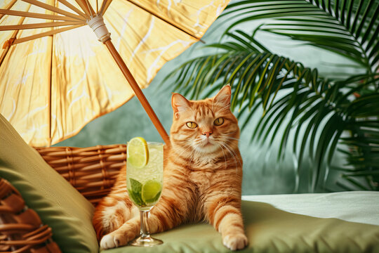 Cute British Cat Under Big Beach Umbrella Holds Out A Mojito Cocktail , Siting Casually On A Chaise Lounge Isolated On Poolside Backdrop With Palms , Copy Space