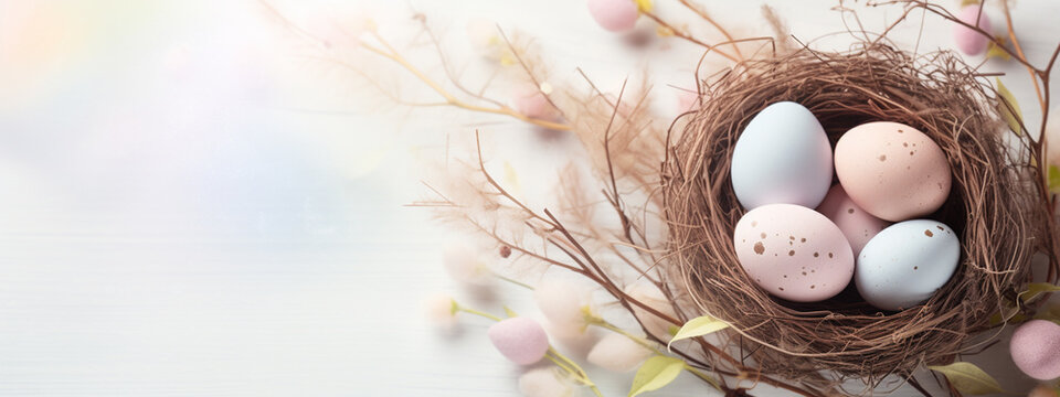 colored Easter eggs in a nest in light colors. Happy Easter greeting card.