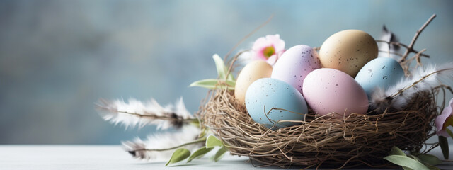 Obraz premium Nests with quail Easter eggs on a soft blue wooden background.