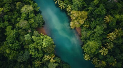  a river in the middle of a forest with lots of trees on both sides of it and a blue body of water in the middle of the middle of the river.