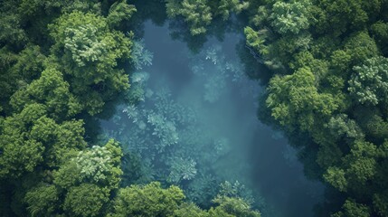  an aerial view of a river in the middle of a forest with lots of trees on either side of it and blue water in the middle of the middle of the river.