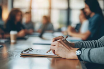 closeup hand holding pen with company meeting at the table, strong emotional