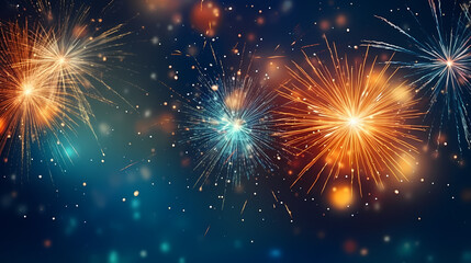 Naklejka premium Happy New Year, burning fireworks with bokeh light background