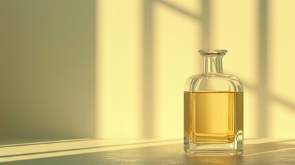  a bottle of oil sitting on top of a table next to a shadow of a window on the wall behind the bottle is a shadow of a light from the window.