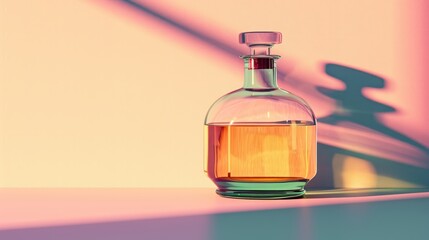  a bottle of liquid sitting on top of a table next to a shadow of a person's head on a pink and yellow wall behind a glass bottle with a shadow.