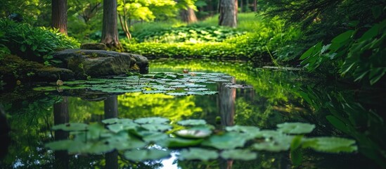 A calm pond reflects the peaceful surroundings.