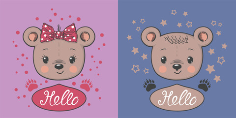 Cute bears with Hello slogan text for t-shirt graphics, fashion prints, posters and other uses