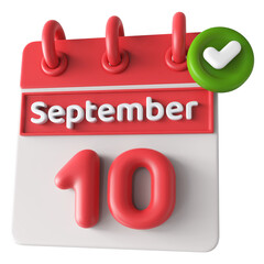 10th September Calendar with Icon Checkmark 3d render