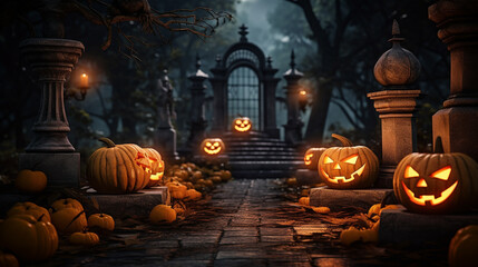 Halloween pumpkins and ghost balloons with moon and castle silhouette background.halloween concept.