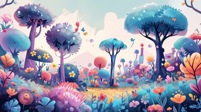  a painting of trees, flowers, and butterflies in a colorful, cartoon - like landscape with blue, pink, yellow, and purple hues and purple colors.