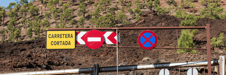 Panoramic image. Road closed due to forest fire. Teide National Park. Tenerife. Canary Islands. Spain