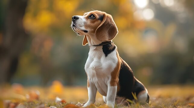 beagle dog sitting in the grass, focused Beagle participating in obedience training, demonstrating its intelligence and eagerness to learn