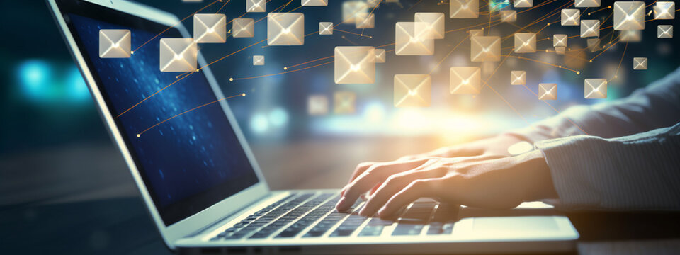 Closeup image of a business woman's hands working and typing on laptop keyboard.