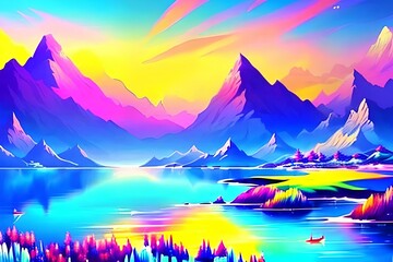 colorful anime landscape Cartoon lake ocean Nature scenic view