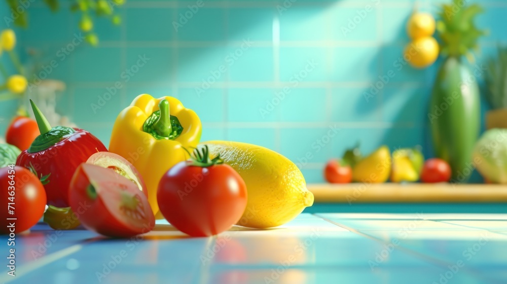 Aufkleber a counter topped with lots of different types of fruits and vegetables on top of a blue tiled counte