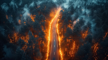 Aerial view of the highway through the burning forest in smoke