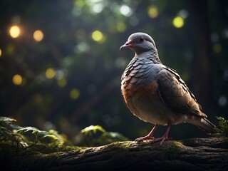 Obraz premium Pigeon on a tree stump with bokeh background.