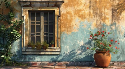  a potted plant sitting in front of a window on a blue and yellow wall next to a potted plant with red flowers in front of a window sill.