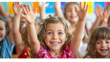 Young schoolchildren eagerly raising hands to answer questions in a classroom setting
