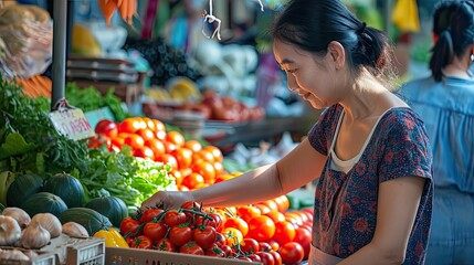 Young Beautiful Customer Shopping for Fresh Natural Vegetables. Female Buying Bio Tomatoes and Ecological Local Garlic From a Happy Senior Street Vendor asian market.