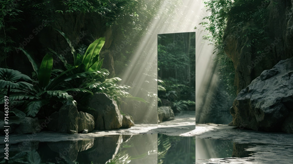 Poster an open door in the middle of a forest with sunlight streaming through the trees and into a pool of 