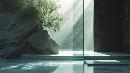  a room with a tree in the middle of the room and a rock in the middle of the room and sunlight coming through the window on the wall and floor.