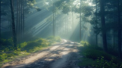 Naklejka premium a dirt road in the middle of a forest with sunbeams shining through the trees on either side of the road is a dirt road with green grass and trees on both sides.