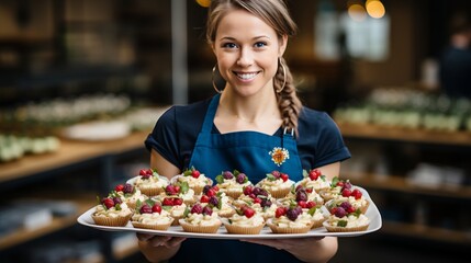 Female waiter serving delicious snacks on a plate during a coffee break at a business event or party