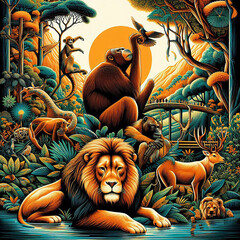 Fototapeta premium Features iconic species such as orangutans and Sumatran lions in their natural habitats