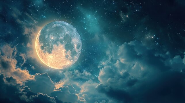  an image of a full moon in the night sky with clouds and stars in the night sky with clouds and stars in the night sky and stars in the night sky.