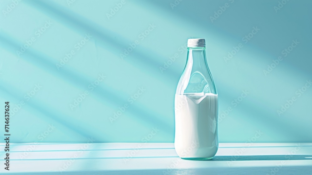 Poster a bottle of milk sitting on top of a table next to a glass bottle with a liquid inside of it and a s