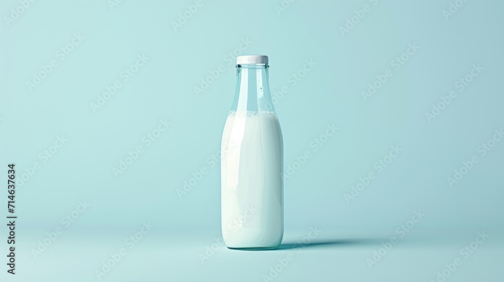 Poster a bottle of milk sitting on top of a light blue surface with a shadow on the bottom of the bottle an