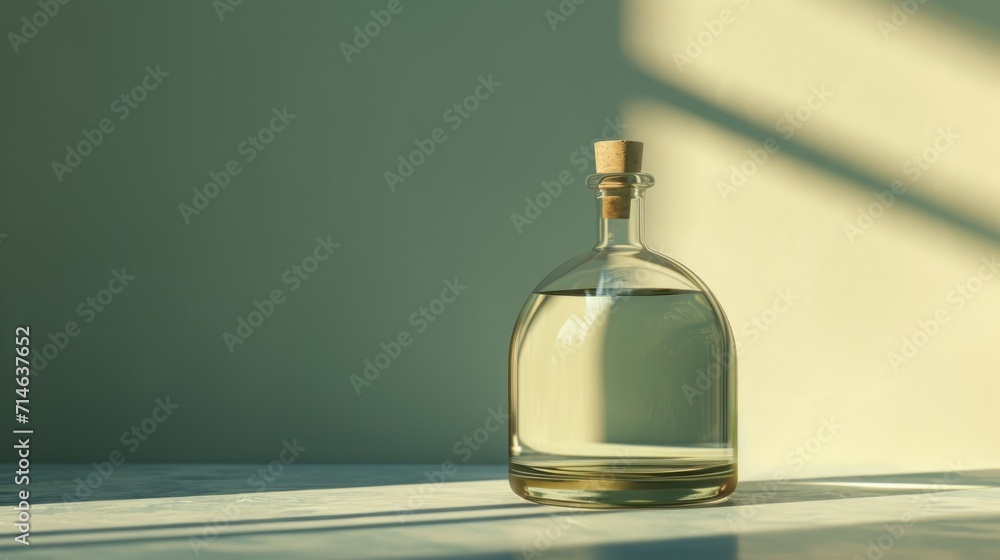 Poster a bottle of water sitting on a table with a shadow of a window on the side of the bottle and a shado