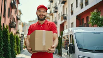 Delivery courier service. Delivery man in red cap and uniform holding a cardboard box near a delivery truck delivering to the customer home. Smiling man postal delivery man delivering a package. 