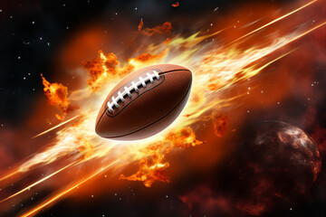 American football flying like a comet with trail of fire and smoke on night sky, black background