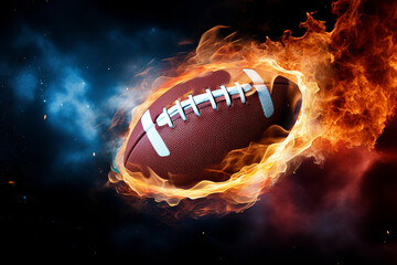 American football flying like a comet with trail of fire and smoke on night sky blue background