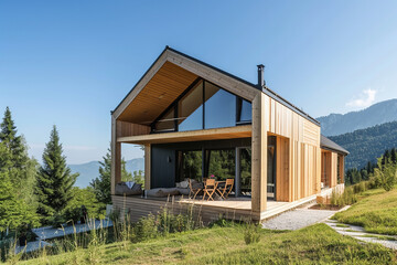 Large modern cottage chalet with large windows, landscape design, trees, natural stone, sunlight, mountain background