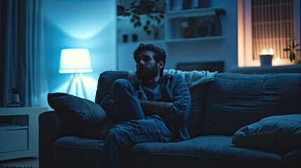 Fototapeta premium Sad man suffering depression insomnia awake and sit alone in the living room. Melancholy theme background. Copy space