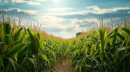 Fototapeta premium scenic view on the field of corn. high grass plants and crops. blue sky in the background. Focus. Macro. wallpaper.