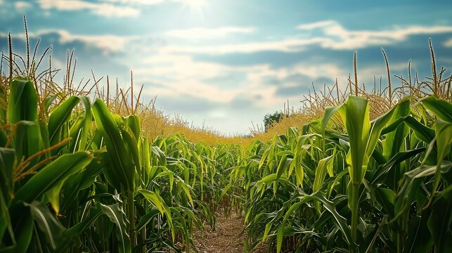 scenic view on the field of corn. high grass plants and crops. blue sky in the background. Focus. Macro. wallpaper.