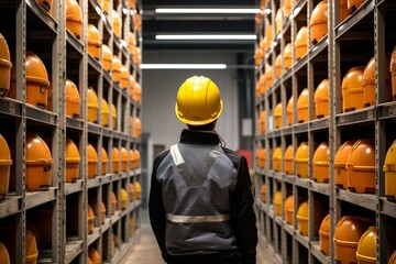 Worker wears a protective helmet in a storage facility. Generative AI - obrazy, fototapety, plakaty