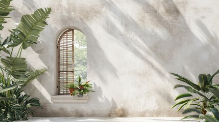  a window in a white stucco wall with a potted plant next to it and a potted plant next to it on the side of the window sill.