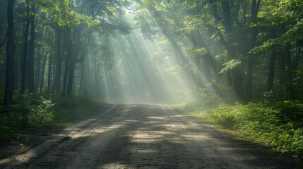 Obraz premium a dirt road in the middle of a forest with sunbeams shining through the trees on either side of the road is a dirt road with grass and trees on both sides.