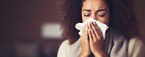 Sick woman with flu or allergic symptoms coughing at home. blowing nose detail. - obrazy, fototapety, plakaty
