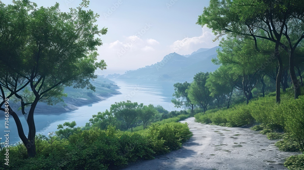 Poster a painting of a path leading to a body of water with trees on both sides of the path and a mountain 