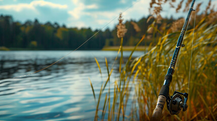 close-up of a fishing rod with a reel on the background of the lake. fishing concept