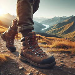 Legs of a backpacker in hiking boots standing on the top of the mountain, beautiful view of the mountains,  living healthy active lifestyle. legs and hiking boots.