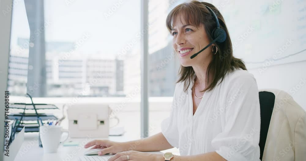 Aufkleber business woman, call center and computer for communication, e commerce support and helping. happy co