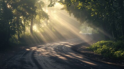  the sun shines through the trees onto a dirt road in the middle of a wooded area with trees on either side of the road and a car on the other side of the road.